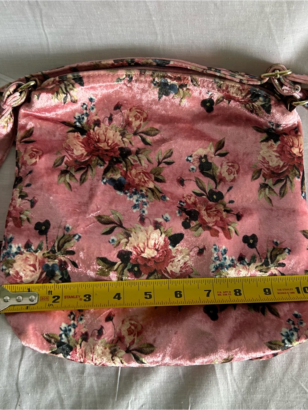 Velvet Crossbody Bag Purse Pink Floral Adjustable Shoulder Strap Zip Top Pockets - Picture 3 of 6